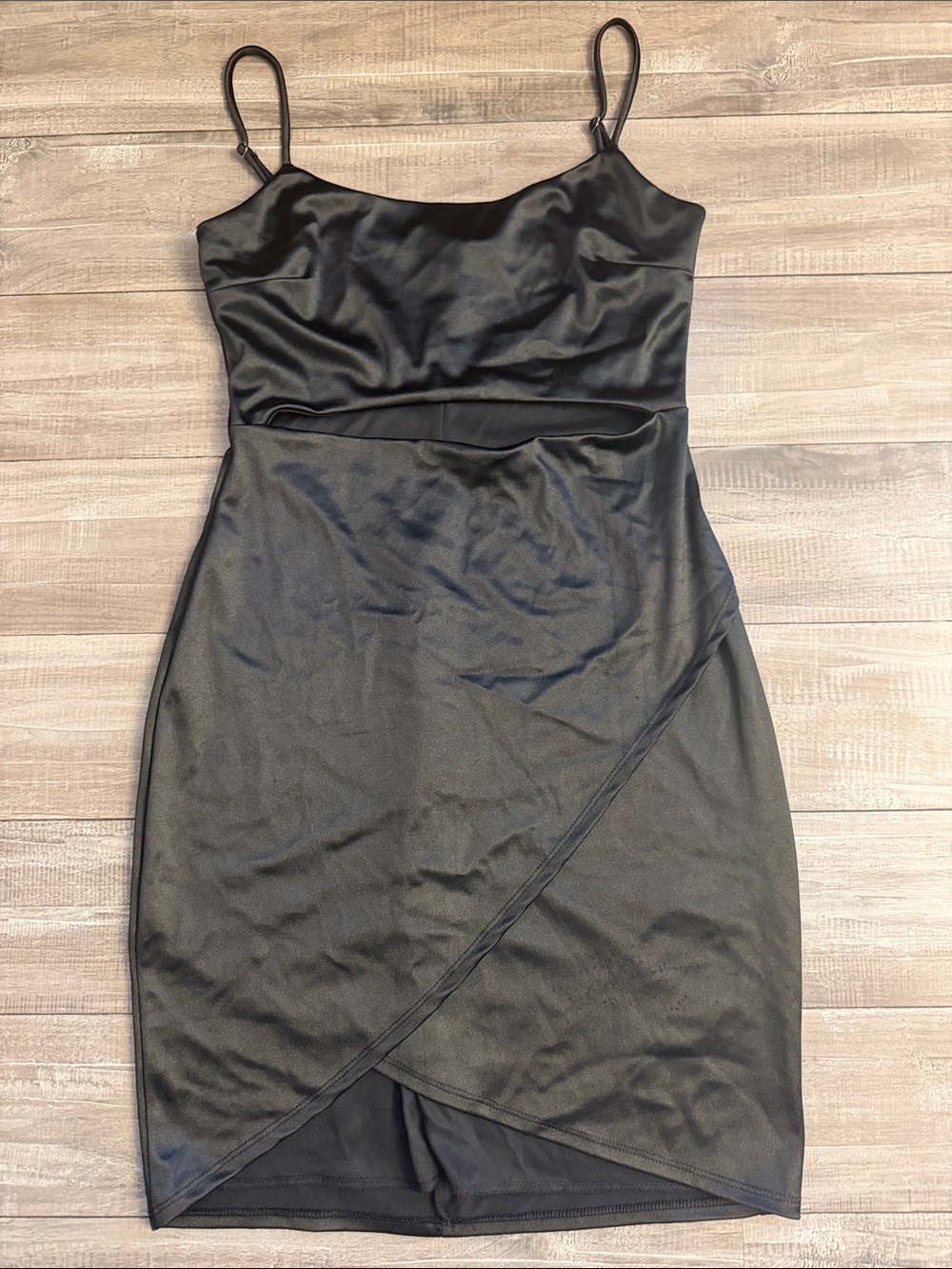 Sleek Black Satin-Trim Spaghetti Strap Dress